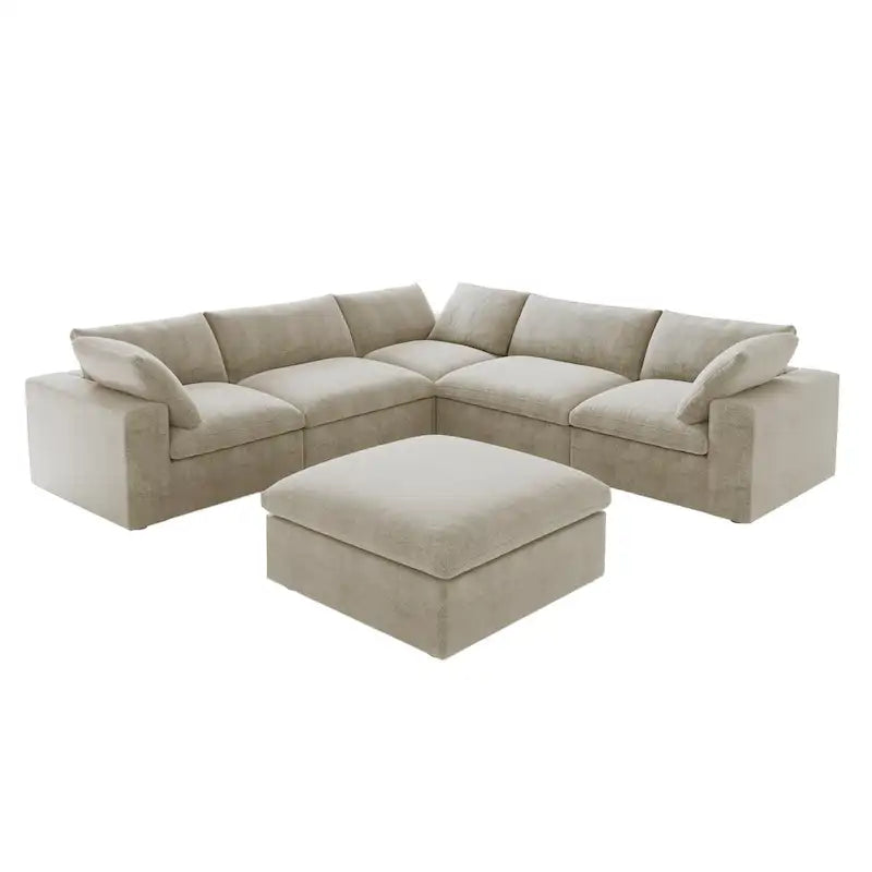 Canapé d'angle modulable Cloud, 6 places, avec coussins et pouf.