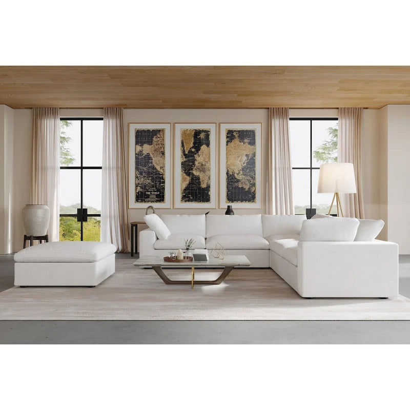 Canapé d'angle modulable Cloud, 6 places, avec coussins et pouf.