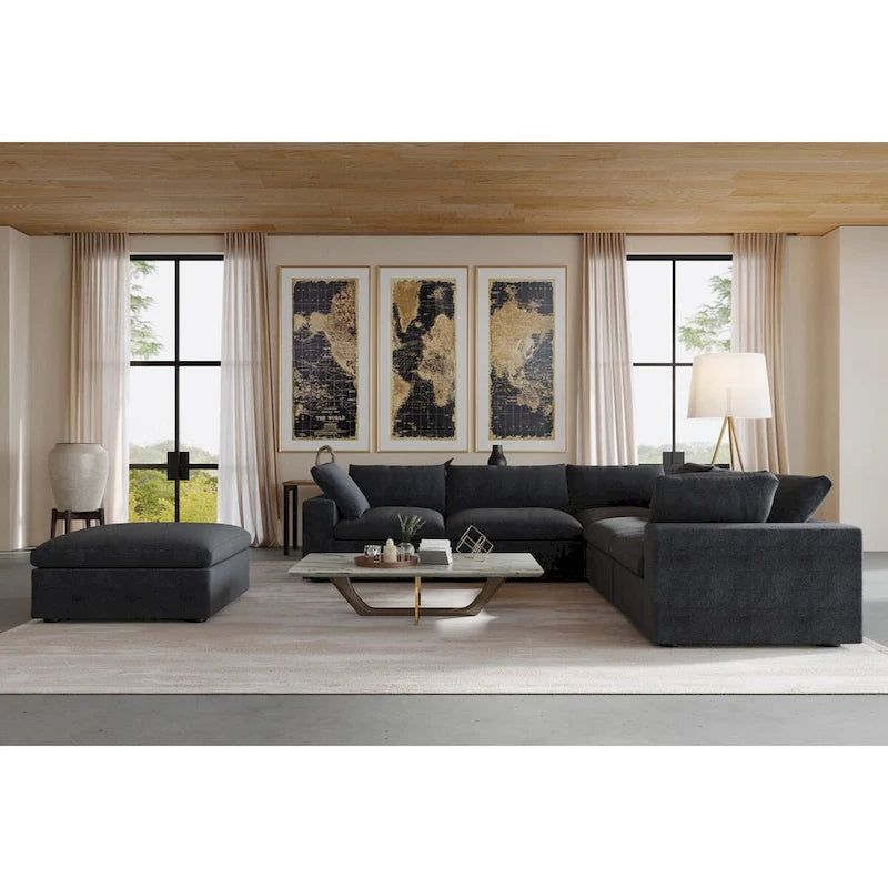 Canapé d'angle modulable Cloud, 6 places, avec coussins et pouf.