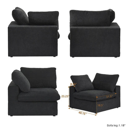 Canapé d'angle modulable Cloud, 6 places, avec coussins et pouf.