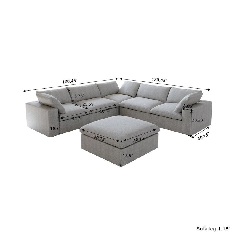 Canapé d'angle modulable Cloud, 6 places, avec coussins et pouf.