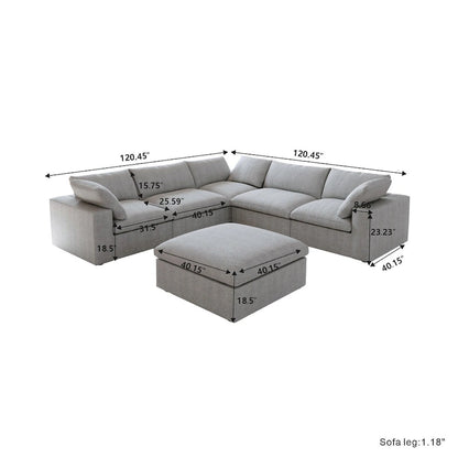 Canapé d'angle modulable Cloud, 6 places, avec coussins et pouf.