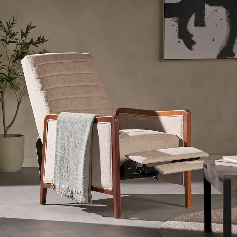 Fauteuil inclinable en bois avec dossier à piquage en tissu style moderne du milieu du siècle