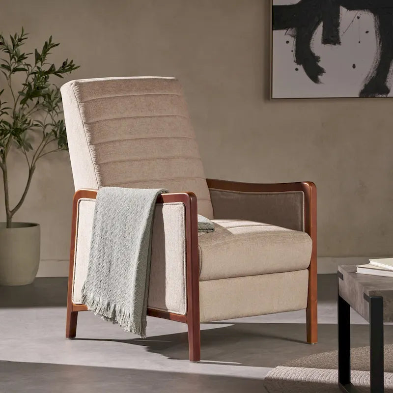 Fauteuil inclinable en bois avec dossier à piquage en tissu style moderne du milieu du siècle