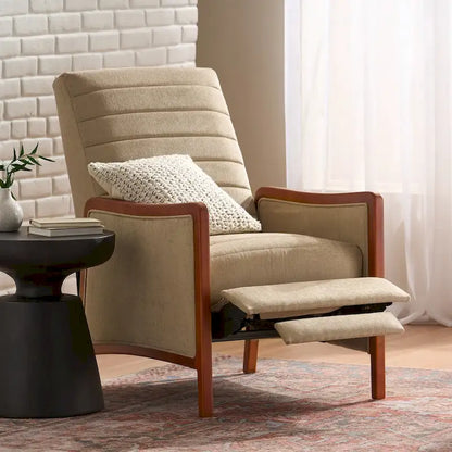 Fauteuil inclinable en bois avec dossier à piquage en tissu style moderne du milieu du siècle