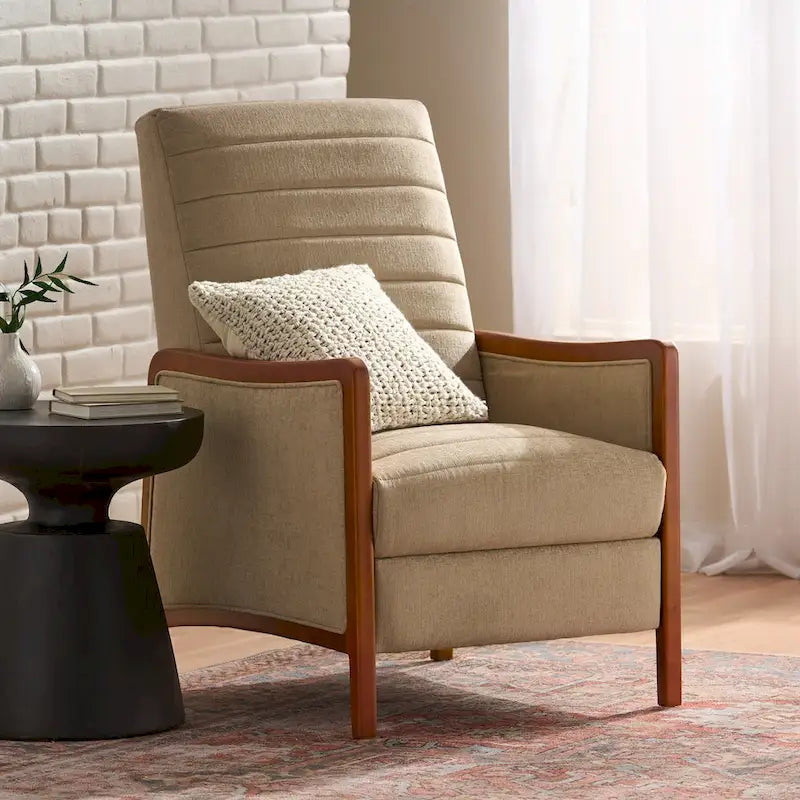 Fauteuil inclinable en bois avec dossier à piquage en tissu style moderne du milieu du siècle