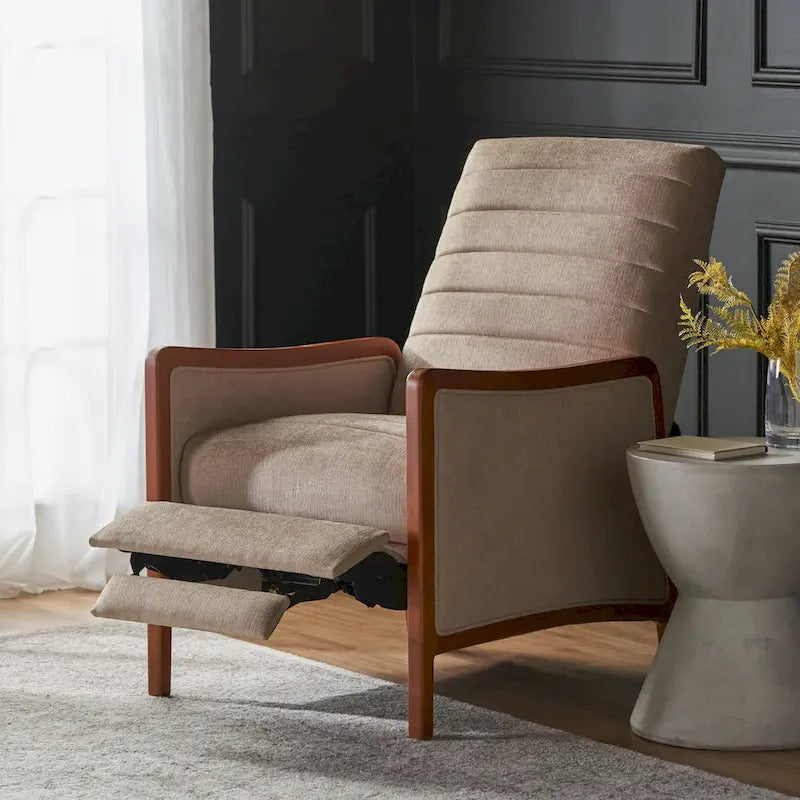 Fauteuil inclinable en bois avec dossier à piquage en tissu style moderne du milieu du siècle