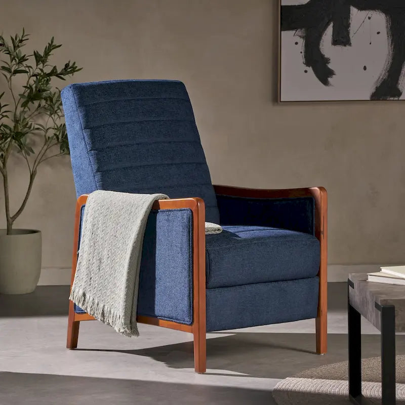 Fauteuil inclinable en bois avec dossier à piquage en tissu style moderne du milieu du siècle