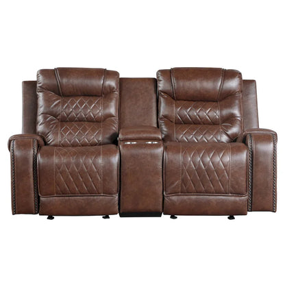 Fauteuil inclinable manuel Paul 78 pouces, deux places, avec porte-gobelets et console, revêtement en similicuir marron