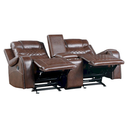 Fauteuil inclinable manuel Paul 78 pouces, deux places, avec porte-gobelets et console, revêtement en similicuir marron