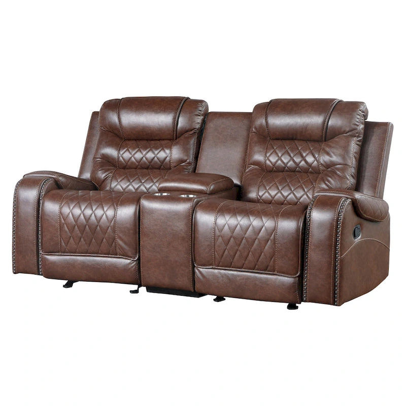 Fauteuil inclinable manuel Paul 78 pouces, deux places, avec porte-gobelets et console, revêtement en similicuir marron