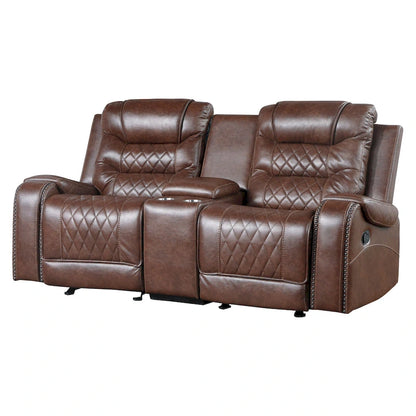 Fauteuil inclinable manuel Paul 78 pouces, deux places, avec porte-gobelets et console, revêtement en similicuir marron