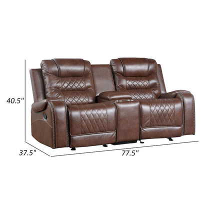 Fauteuil inclinable manuel Paul 78 pouces, deux places, avec porte-gobelets et console, revêtement en similicuir marron