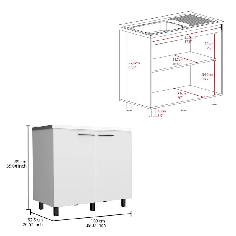 Évier utilitaire Napoles 2 avec meuble, comptoir en acier inoxydable et étagère intérieure