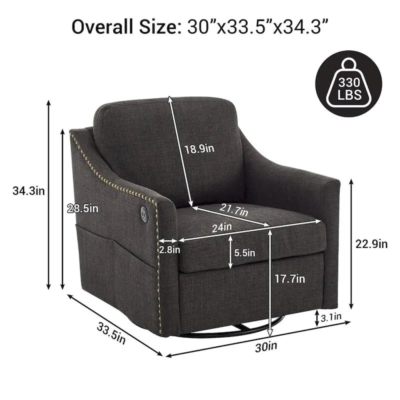 Fauteuil pivotant d'appoint moderne en tissu avec ports USB, lot de 1