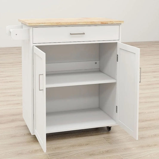 Îlot de cuisine moderne en bois d'hévéa de 32,87 po de largeur, avec étagères réglables et porte-serviettes