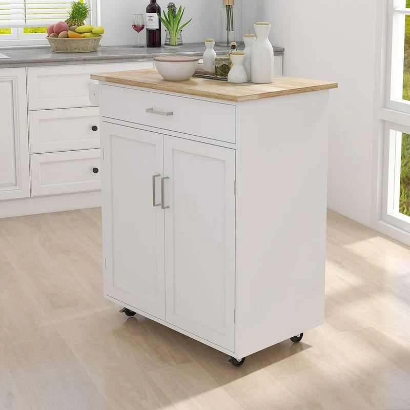 Îlot de cuisine moderne en bois d'hévéa de 32,87 po de largeur, avec étagères réglables et porte-serviettes