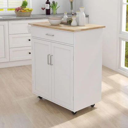 Îlot de cuisine moderne en bois d'hévéa de 32,87 po de largeur, avec étagères réglables et porte-serviettes