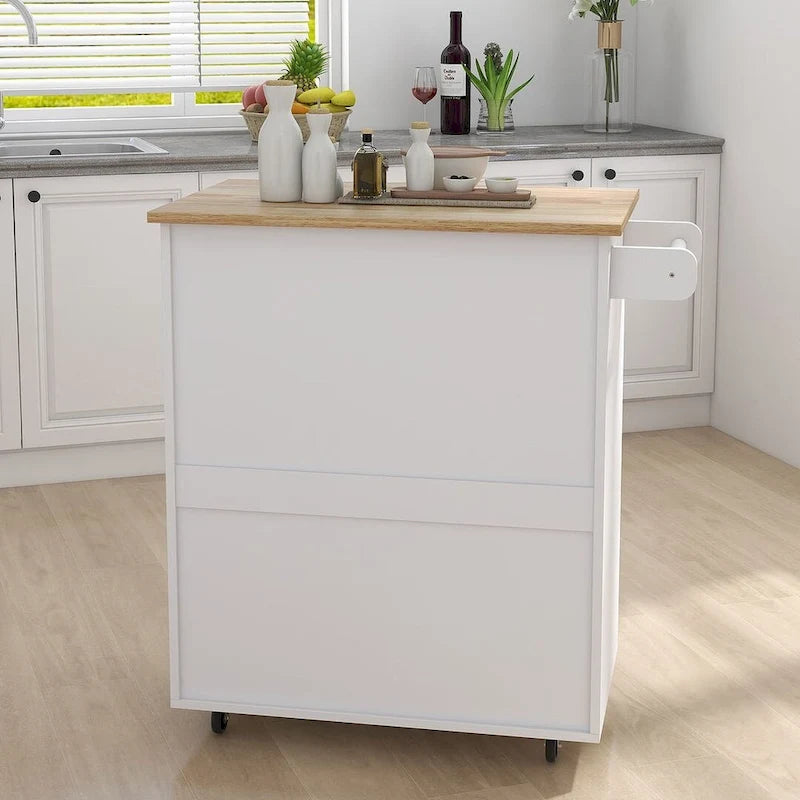 Îlot de cuisine moderne en bois d'hévéa de 32,87 po de largeur, avec étagères réglables et porte-serviettes