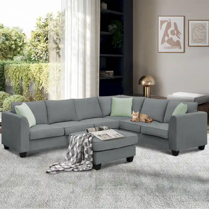 Ensemble canapé d'angle 112*87, canapé 7 places avec pouf, canapé d'angle en forme de L et 3 coussins
