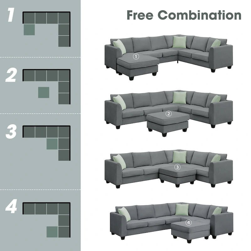 Ensemble canapé d'angle 112*87, canapé 7 places avec pouf, canapé d'angle en forme de L et 3 coussins