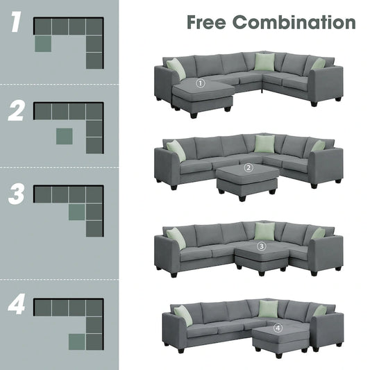 Ensemble canapé d'angle 112*87, canapé 7 places avec pouf, canapé d'angle en forme de L et 3 coussins