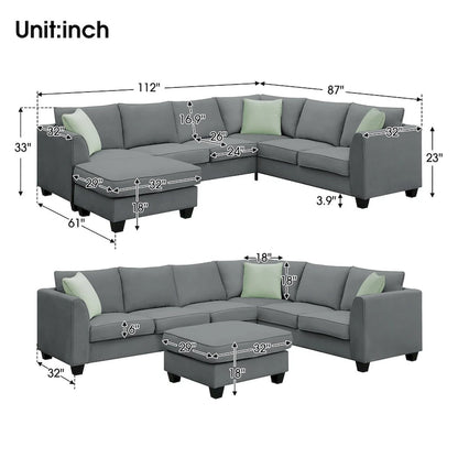 Ensemble canapé d'angle 112*87, canapé 7 places avec pouf, canapé d'angle en forme de L et 3 coussins