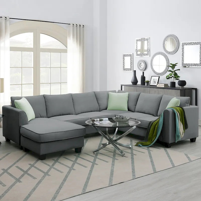 Ensemble canapé d'angle 112*87, canapé 7 places avec pouf, canapé d'angle en forme de L et 3 coussins