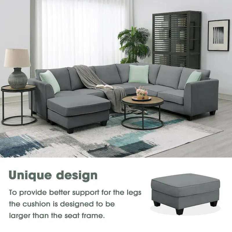 Ensemble canapé d'angle 112*87, canapé 7 places avec pouf, canapé d'angle en forme de L et 3 coussins