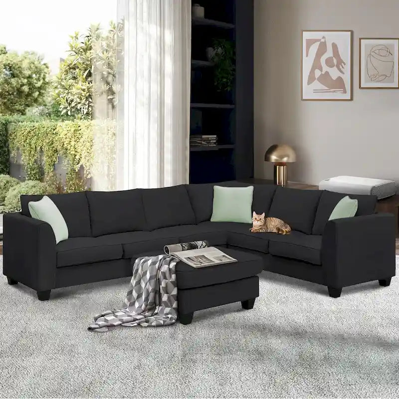 Ensemble canapé d'angle 112*87, canapé 7 places avec pouf, canapé d'angle en forme de L et 3 coussins