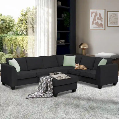 Ensemble canapé d'angle 112*87, canapé 7 places avec pouf, canapé d'angle en forme de L et 3 coussins