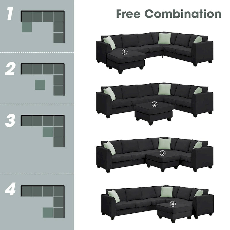 Ensemble canapé d'angle 112*87, canapé 7 places avec pouf, canapé d'angle en forme de L et 3 coussins