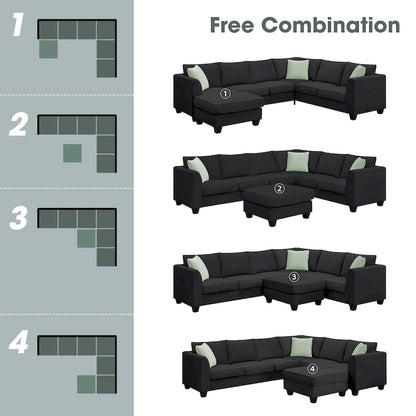 Ensemble canapé d'angle 112*87, canapé 7 places avec pouf, canapé d'angle en forme de L et 3 coussins