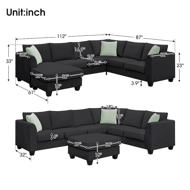 Ensemble canapé d'angle 112*87, canapé 7 places avec pouf, canapé d'angle en forme de L et 3 coussins