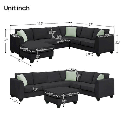Ensemble canapé d'angle 112*87, canapé 7 places avec pouf, canapé d'angle en forme de L et 3 coussins