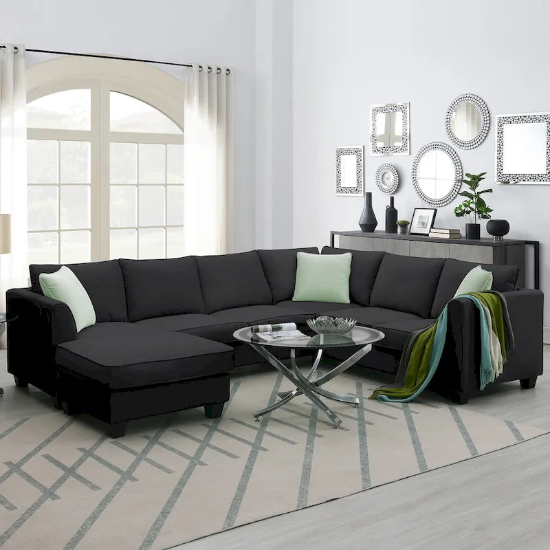 Ensemble canapé d'angle 112*87, canapé 7 places avec pouf, canapé d'angle en forme de L et 3 coussins