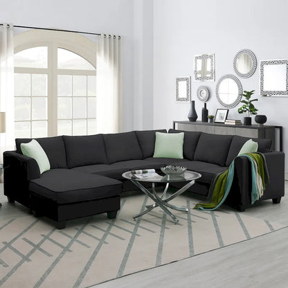 Ensemble canapé d'angle 112*87, canapé 7 places avec pouf, canapé d'angle en forme de L et 3 coussins