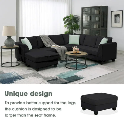 Ensemble canapé d'angle 112*87, canapé 7 places avec pouf, canapé d'angle en forme de L et 3 coussins