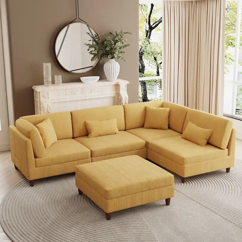 Canapé d'angle convertible en velours côtelé avec pouf
