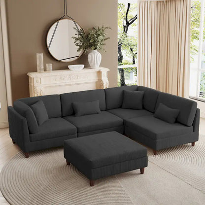 Canapé d'angle convertible en velours côtelé avec pouf