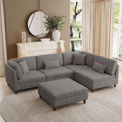 Canapé d'angle convertible en velours côtelé avec pouf