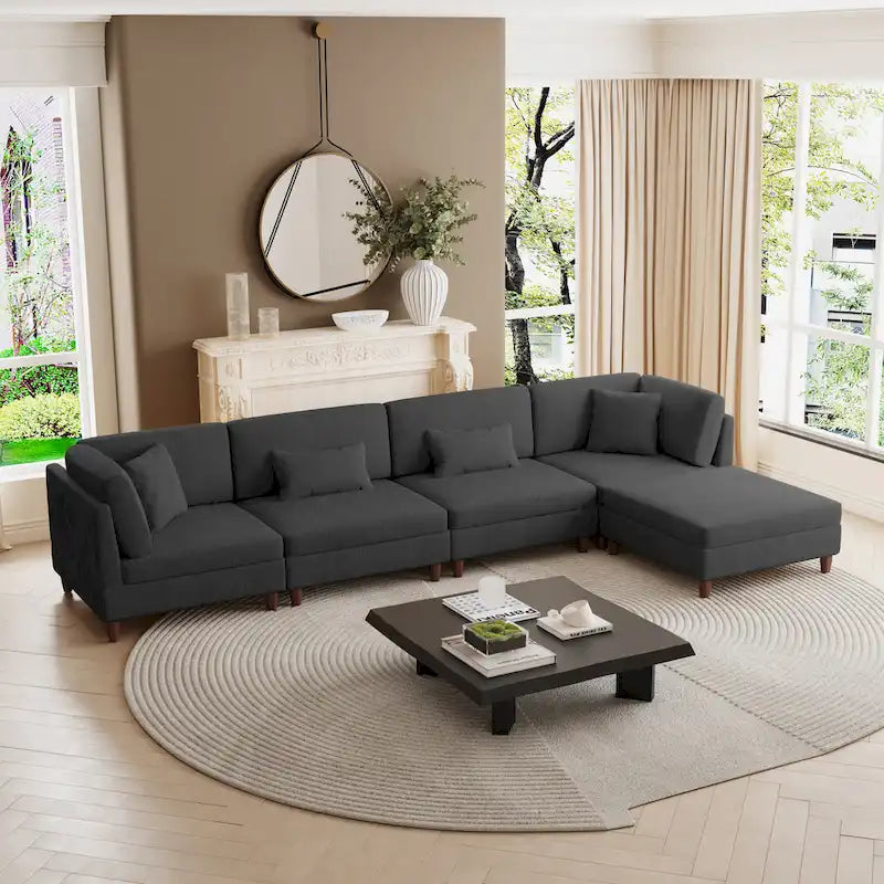 Canapé d'angle convertible en velours côtelé avec pouf