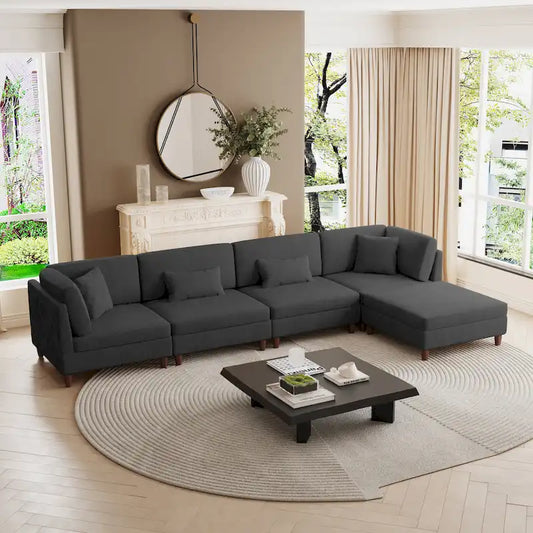 Canapé d'angle convertible en velours côtelé avec pouf