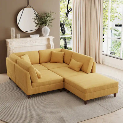 Canapé d'angle convertible en velours côtelé avec pouf