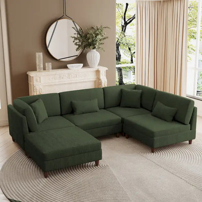Canapé d'angle convertible en velours côtelé avec pouf