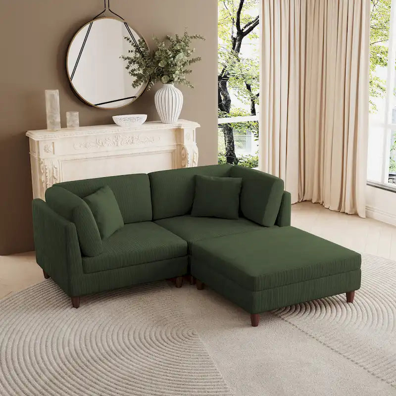 Canapé d'angle convertible en velours côtelé avec pouf