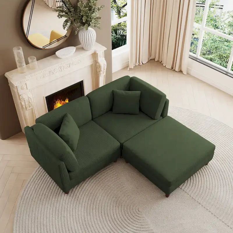 Canapé d'angle convertible en velours côtelé avec pouf