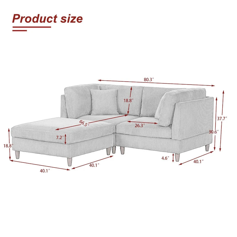 Canapé d'angle convertible en velours côtelé avec pouf