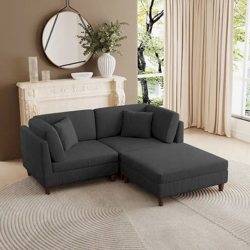 Canapé d'angle convertible en velours côtelé avec pouf