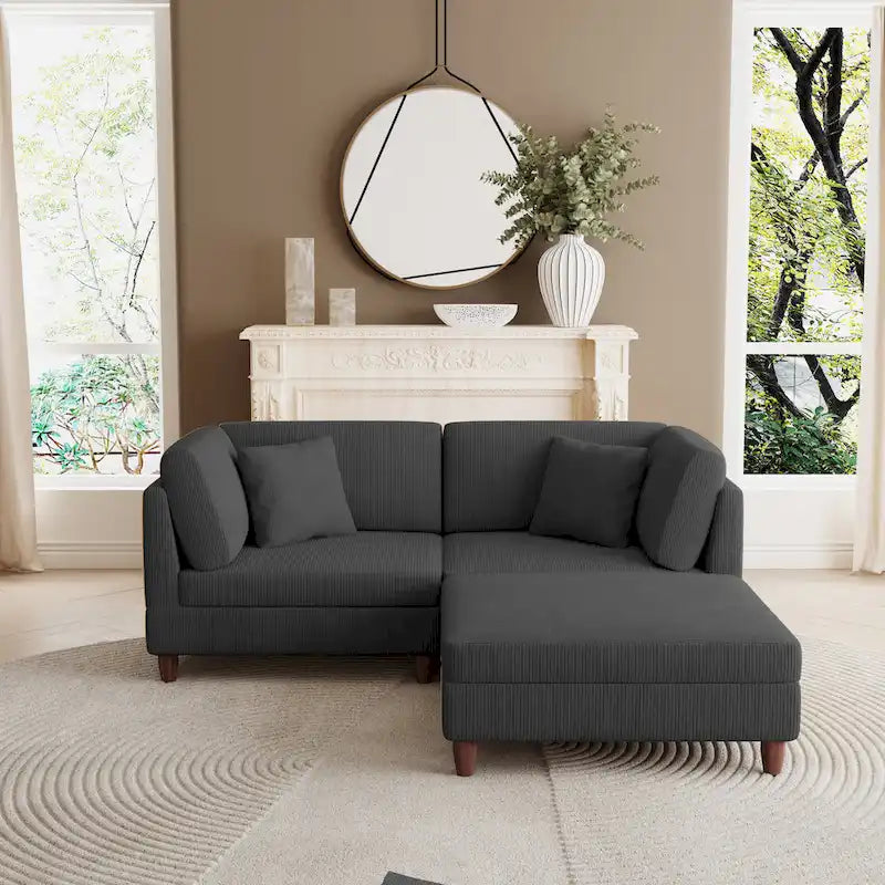 Canapé d'angle convertible en velours côtelé avec pouf